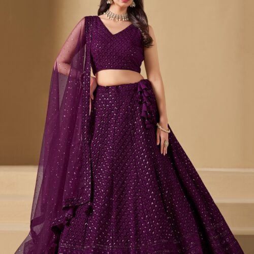 Make Stylish Look With This Wine Color Georgette Lehenga choli.