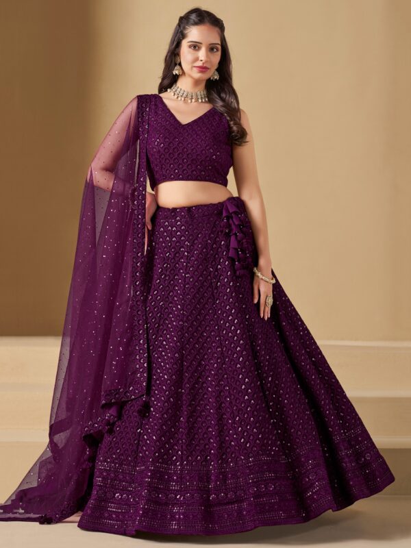 Make Stylish Look With This Wine Color Georgette Lehenga choli.