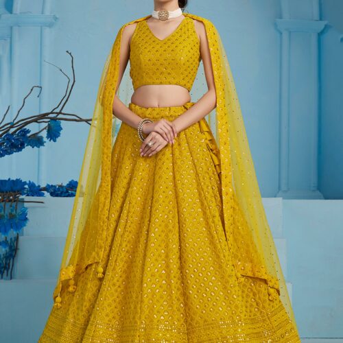Make Stylish Look With This Yellow Color Georgette Lehenga choli.