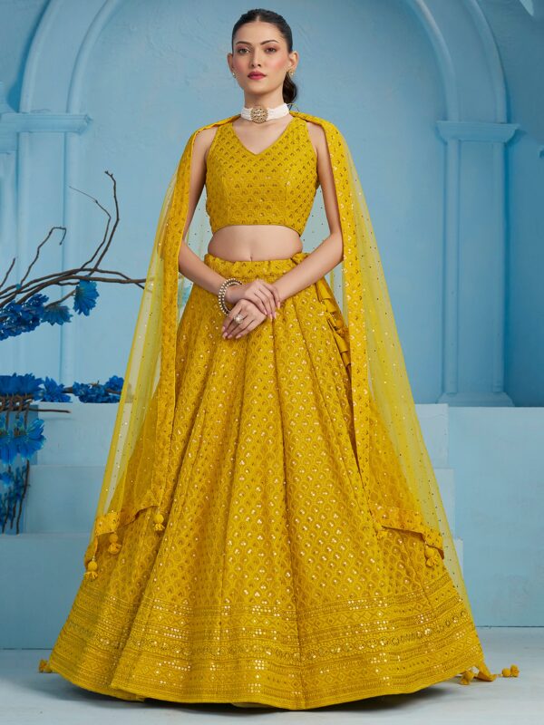 Make Stylish Look With This Yellow Color Georgette Lehenga choli.