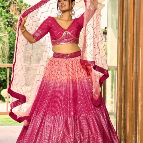 Pink sequins Chinon Reception wears Lehenga choli For Girls.