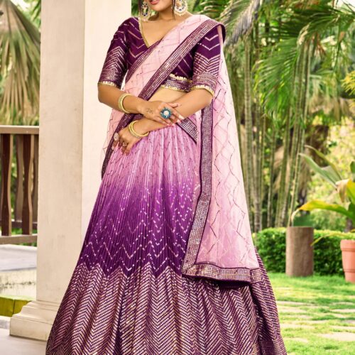 Purple sequins Chinon Reception wears Lehenga choli For Girls.