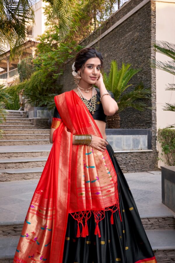 Tradition woven Lehenga With Jacquard Silk In Black Color.