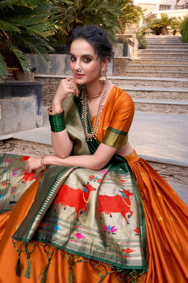 Tradition woven Lehenga With Jacquard Silk In Orange Color.