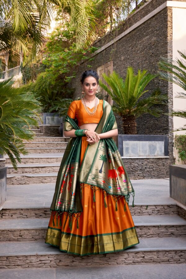Tradition woven Lehenga With Jacquard Silk In Orange Color. - Image 2