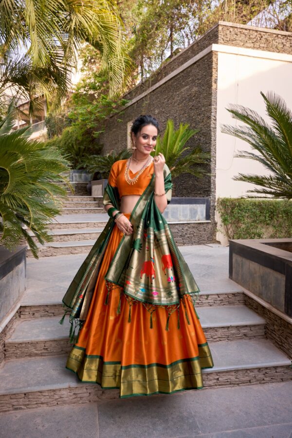 Tradition woven Lehenga With Jacquard Silk In Orange Color. - Image 3