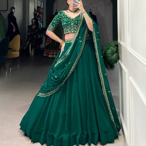 Wedding Lehenga With Georgette Fabric In Green Color.
