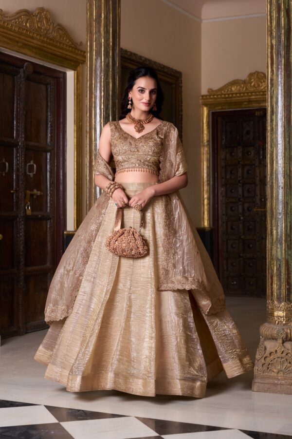 Wedding Lehenga With Gold Crush Fabric In Chiku Color. - Image 2