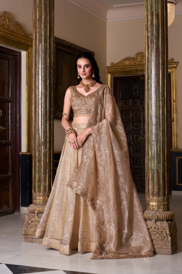 Wedding Lehenga With Gold Crush Fabric In Chiku Color. - Image 3