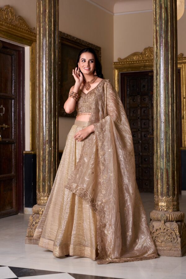 Wedding Lehenga With Gold Crush Fabric In Chiku Color. - Image 4