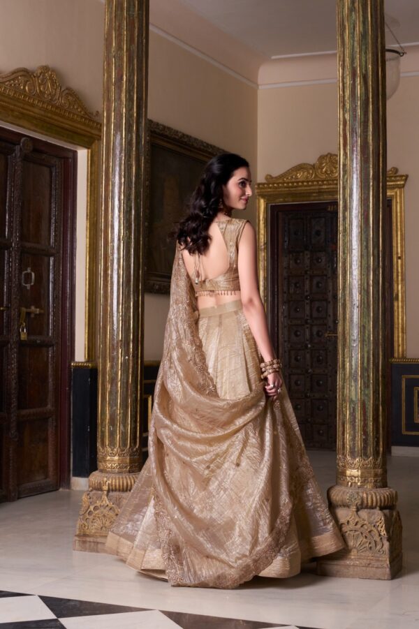 Wedding Lehenga With Gold Crush Fabric In Chiku Color. - Image 5