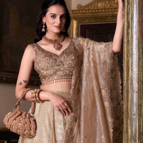 Wedding Lehenga With Gold Crush Fabric In Chiku Color.