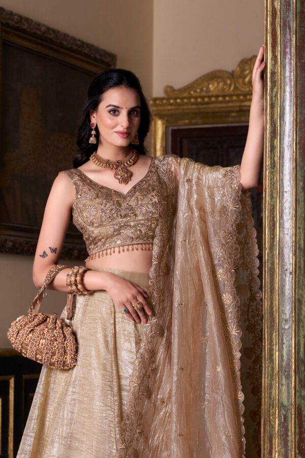 Wedding Lehenga With Gold Crush Fabric In Chiku Color.