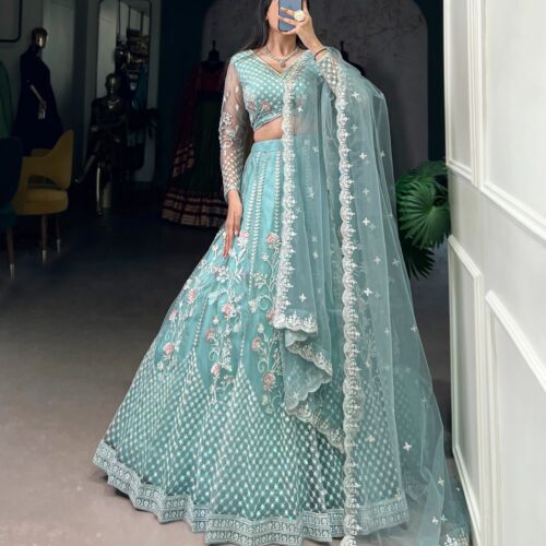 Wedding Lehenga With Net Fabric In Pastel Blue Color.