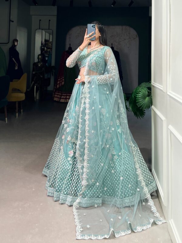 Wedding Lehenga With Net Fabric In Pastel Blue Color. - Image 5