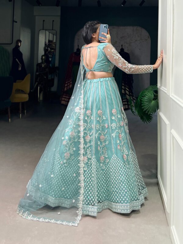 Wedding Lehenga With Net Fabric In Pastel Blue Color. - Image 6