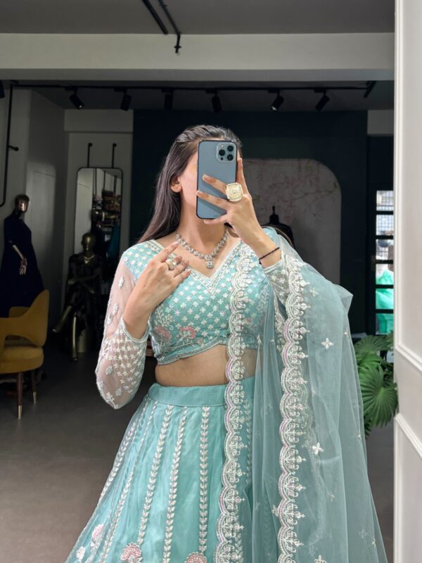 Wedding Lehenga With Net Fabric In Pastel Blue Color. - Image 2