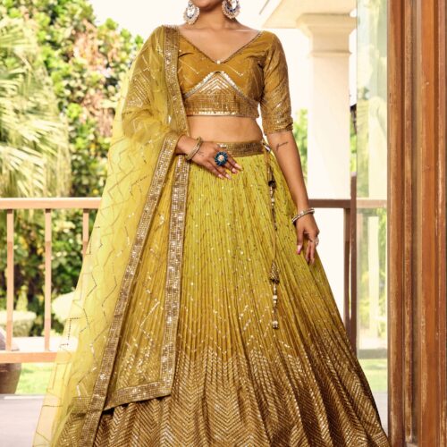 Yellow Sequins Chinon Reception wears Lehenga choli For Girls.