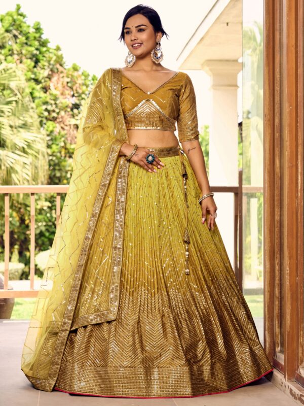 Yellow Sequins Chinon Reception wears Lehenga choli For Girls.