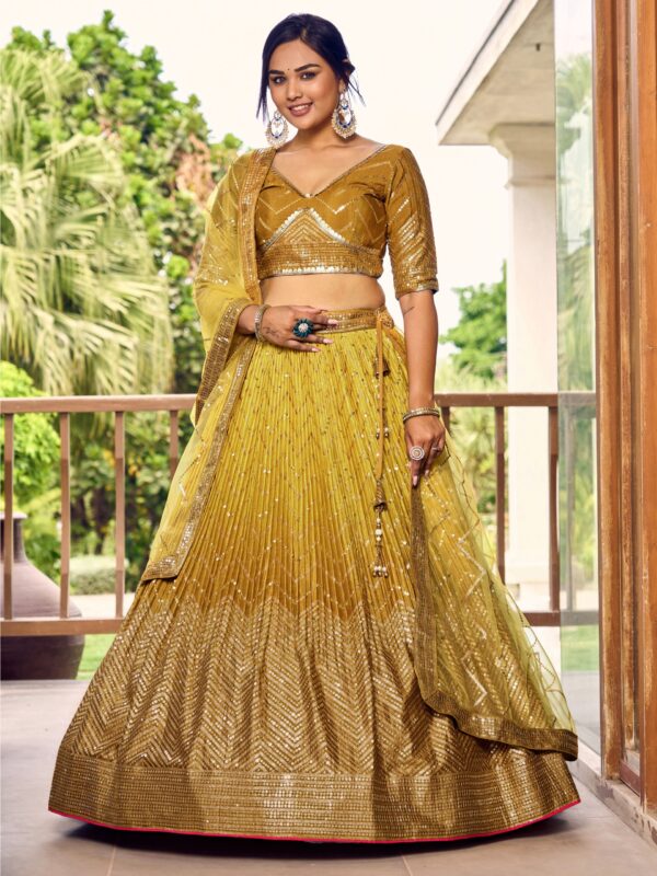 Yellow Sequins Chinon Reception wears Lehenga choli For Girls. - Image 2