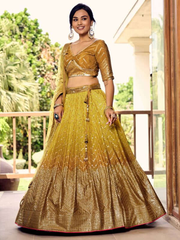 Yellow Sequins Chinon Reception wears Lehenga choli For Girls. - Image 4