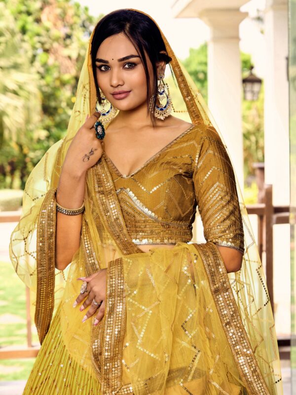 Yellow Sequins Chinon Reception wears Lehenga choli For Girls. - Image 9
