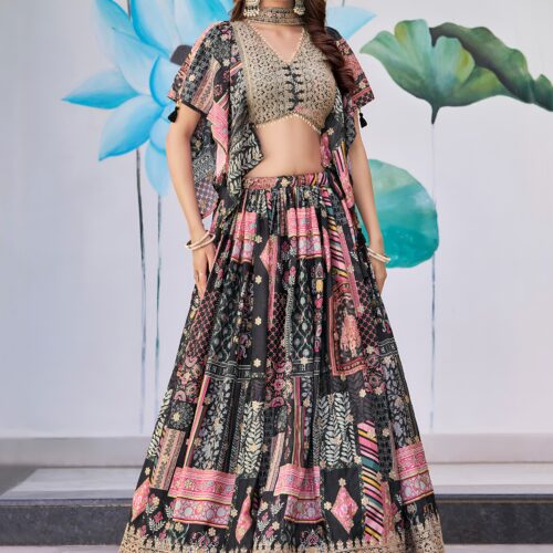 Black Multicolor Printed Embroidered Lehenga Set
