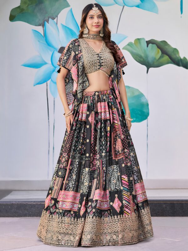 Black Multicolor Printed Embroidered Lehenga Set