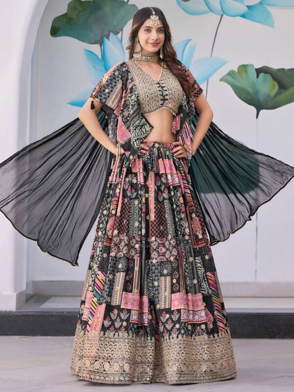 Black Multicolor Printed Embroidered Lehenga Set - Image 2