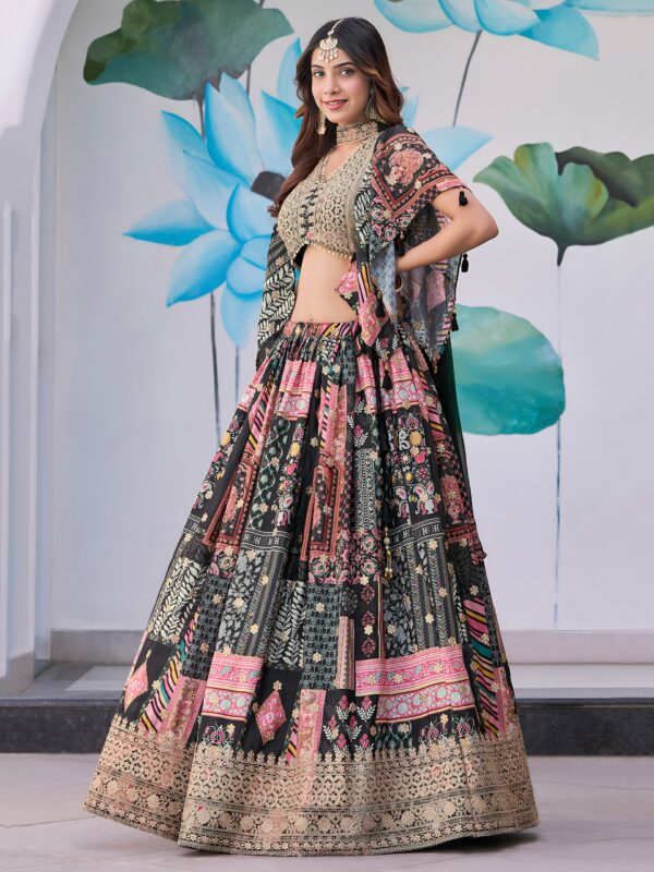 Black Multicolor Printed Embroidered Lehenga Set - Image 3