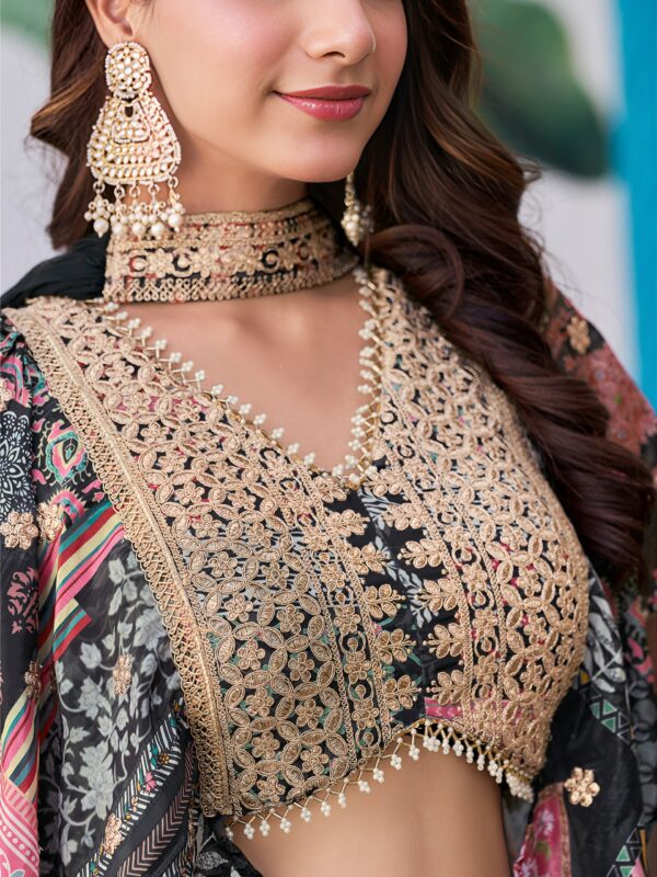 Black Multicolor Printed Embroidered Lehenga Set - Image 5