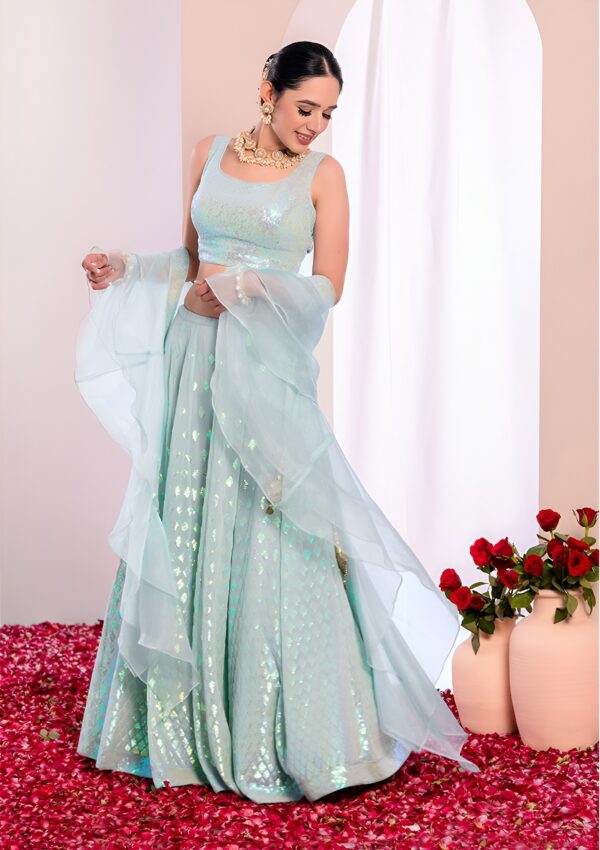 Bridesmaid Pastel Blue Lehenga Choli With sequins Work. - Image 6