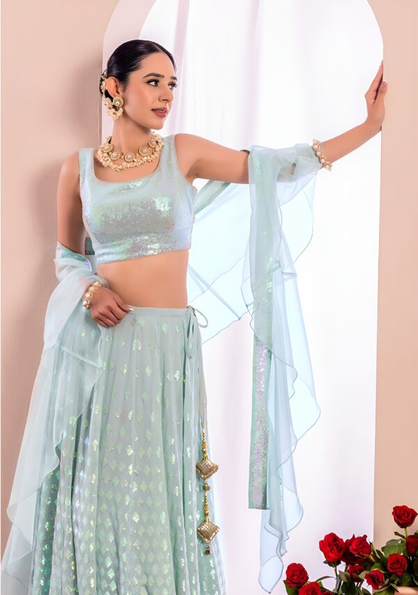 Bridesmaid Pastel Blue Lehenga Choli With sequins Work. - Image 7