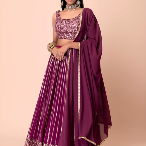 Bridesmaid Wine Lehenga Choli With golden sequins Work.