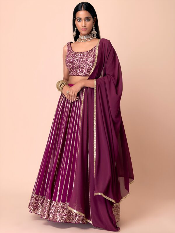 Bridesmaid Wine Lehenga Choli With golden sequins Work.