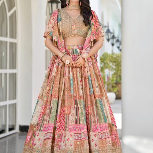Flared Beige Chinnon Silk Lehenga Adding a Rich Ethnic Charm.