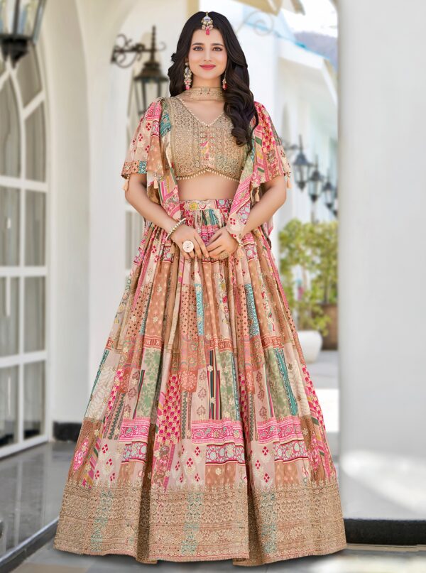 Flared Beige Chinnon Silk Lehenga Adding a Rich Ethnic Charm.