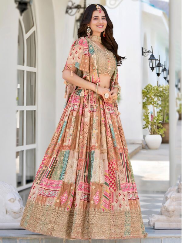 Flared Beige Chinnon Silk Lehenga Adding a Rich Ethnic Charm. - Image 2