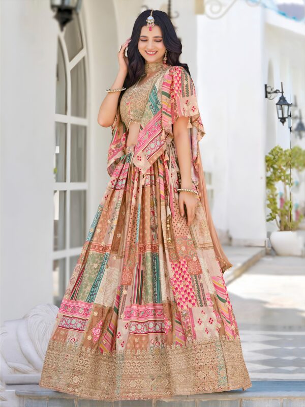 Flared Beige Chinnon Silk Lehenga Adding a Rich Ethnic Charm. - Image 3