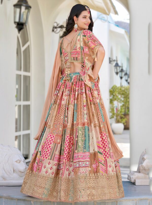 Flared Beige Chinnon Silk Lehenga Adding a Rich Ethnic Charm. - Image 4