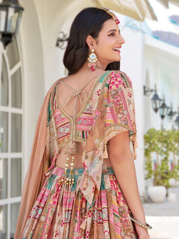 Flared Beige Chinnon Silk Lehenga Adding a Rich Ethnic Charm. - Image 5