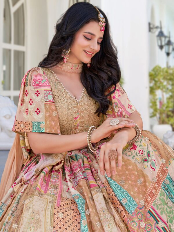 Flared Beige Chinnon Silk Lehenga Adding a Rich Ethnic Charm. - Image 6