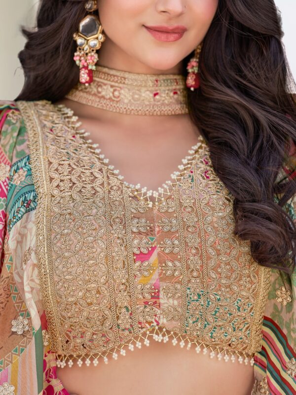 Flared Beige Chinnon Silk Lehenga Adding a Rich Ethnic Charm. - Image 7