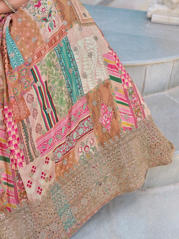 Flared Beige Chinnon Silk Lehenga Adding a Rich Ethnic Charm. - Image 8