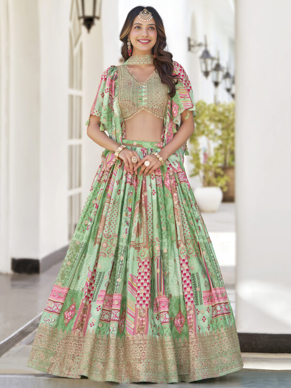 Green Multicolor Printed Embroidered Lehenga Set - Image 2