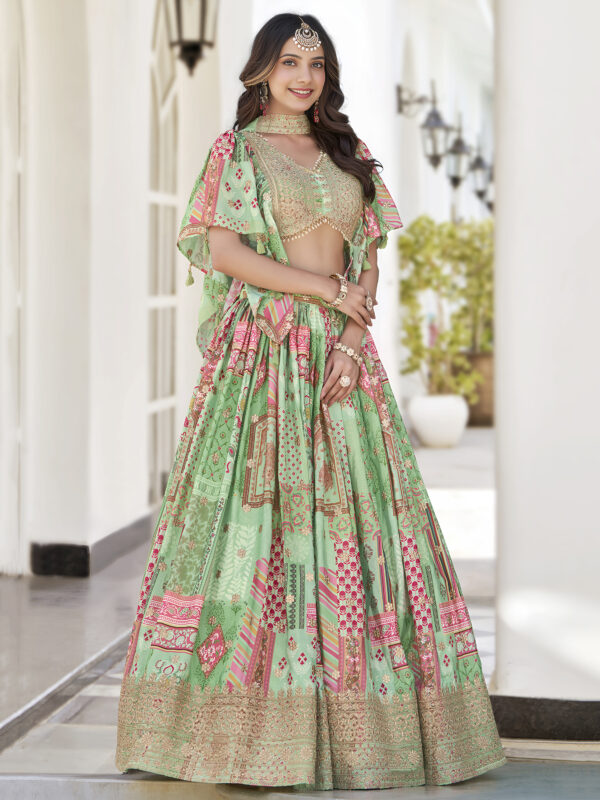 Green Multicolor Printed Embroidered Lehenga Set - Image 3