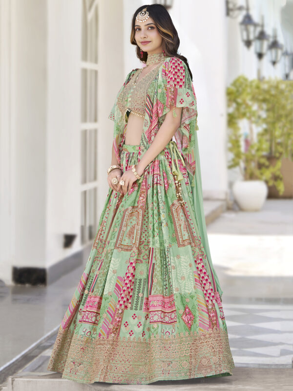 Green Multicolor Printed Embroidered Lehenga Set - Image 4