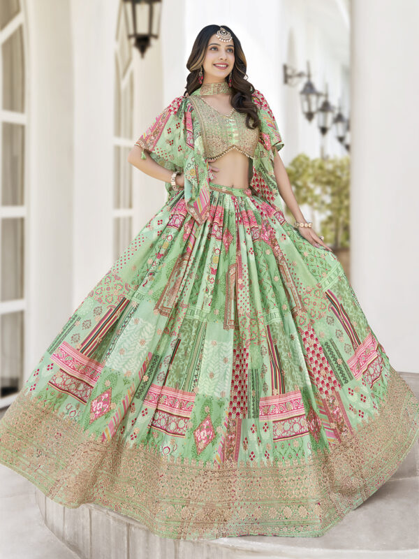 Green Multicolor Printed Embroidered Lehenga Set - Image 5