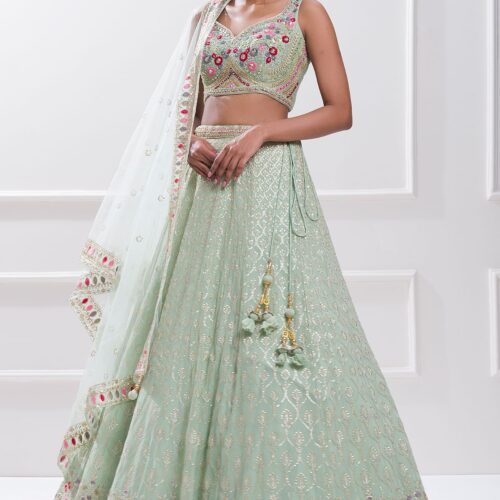 Luxurious Lehenga Choli With Real Mirror Work In Beautiful Pista Color.