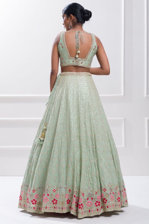 Luxurious Lehenga Choli With Real Mirror Work In Beautiful Pista Color. - Image 4